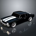 Classic Black Two Door Car With White Stripes And Shiny Vintage Design On Reflective Surface