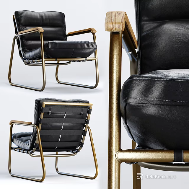 Modern Black Leather Leisure Chair With Golden Metal Frame And Stitched Armrest Details 3d model 