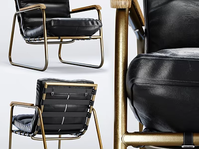 Modern Black Leather Leisure Chair With Golden Metal Frame And Stitched Armrest Details 3d model