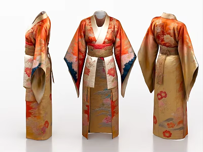 Traditional Orange Gold Kimono With Floral Patterns Obi Three Angles 3d model