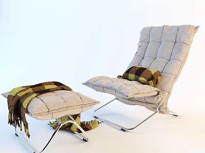 Comfortable Light Gray Accent Chair With Plaid Cushion And Ottoman With Tassel Blanket 3d model