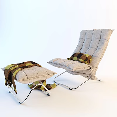 Comfortable Light Gray Accent Chair With Plaid Cushion And Ottoman With Tassel Blanket 3d model