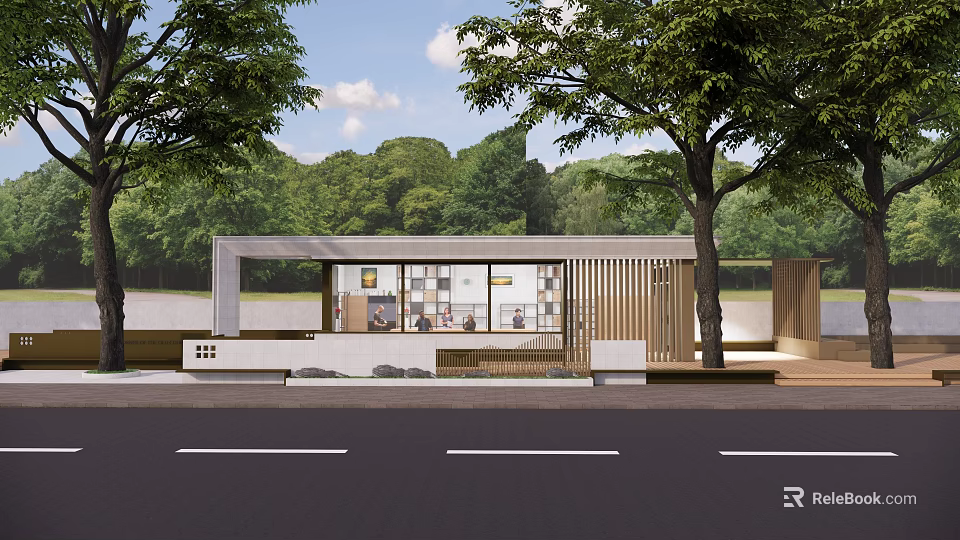 Modern Post Station Exterior With Wooden Slats And Green Trees Near Street 3d model 