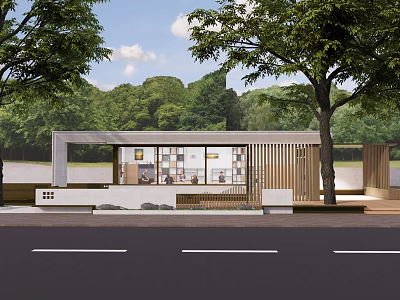 Modern Post Station Exterior With Wooden Slats And Green Trees Near Street 3d model