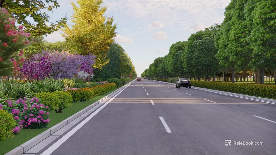 Municipal Road with Lush Green Trees Colorful Flowers Wide Paved Surface and Driving Vehicles 3d model 