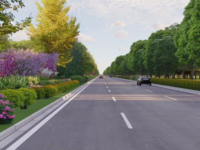 Municipal Road with Lush Green Trees Colorful Flowers Wide Paved Surface and Driving Vehicles 3d model