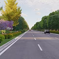 Municipal Road with Lush Green Trees Colorful Flowers Wide Paved Surface and Driving Vehicles