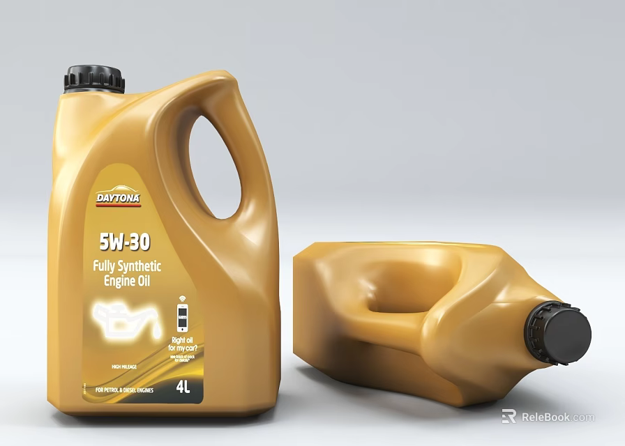 Yellow Engine Oil Containers 5W-30 Fully Synthetic 4L Capacity Standing And Lying 3d model 