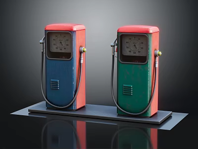 Vintage Fuel Pumps Display Model With Red Blue Green Bodies And Black Base 3d model