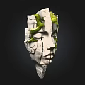 Artistic Wooden Stone Face Sculpture with Green Moss and Growing Plants