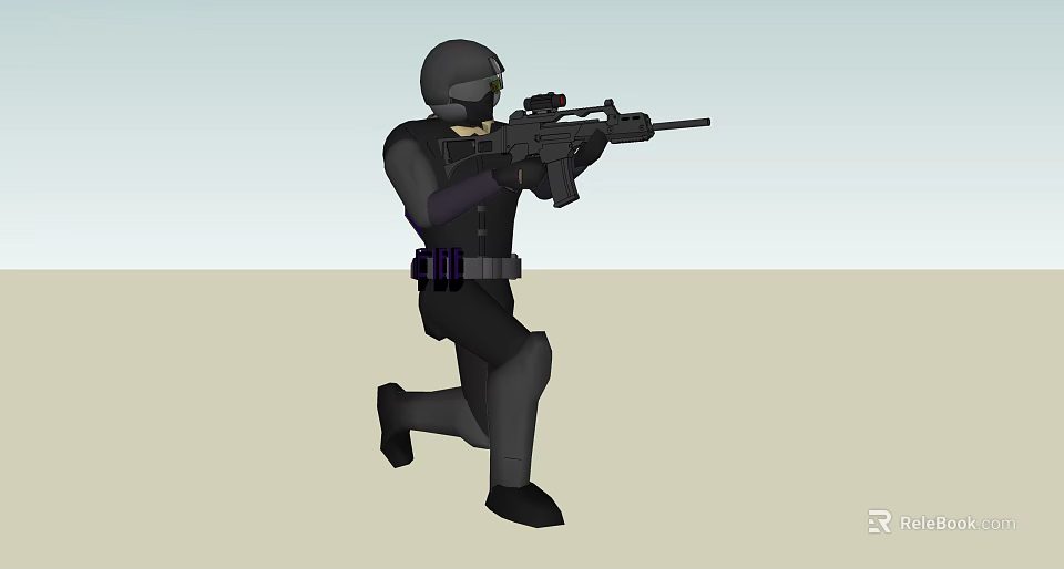 Man In Black Combat Suit With Helmet Holding Rifle In Kneeling Position 3d model 