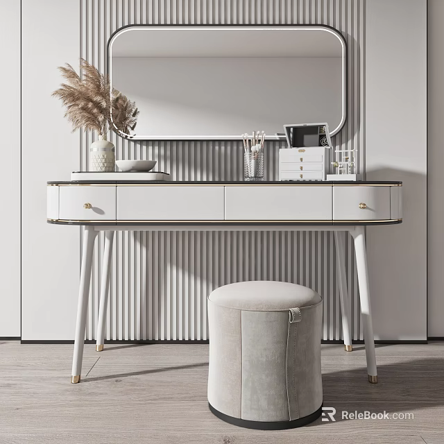 Modern White Dressing Table With Gold Accents Mirror Stool And Decorative Items 3d model 
