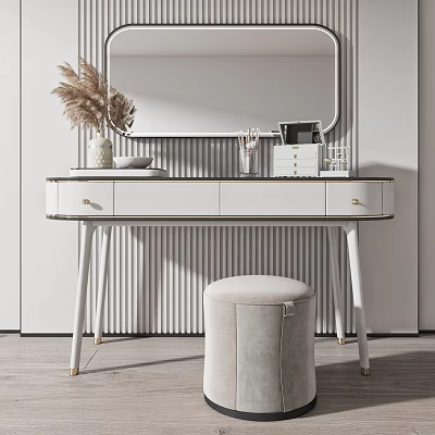 Modern White Dressing Table With Gold Accents Mirror Stool And Decorative Items 3d model