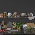 Elegant Assorted Kitchenware Displayed On Shelf And Countertop With Pots Kettles Plates Cutting Boards