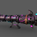 Stylish Xenon Themed Weapon With Purple Pink Splatters Mechanical Structure And Decorative Blades