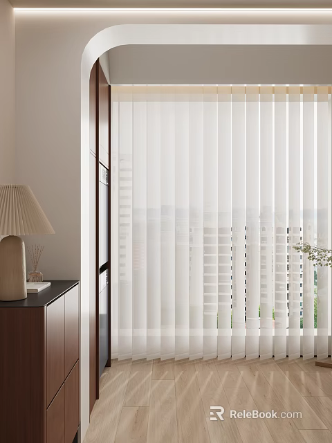 Modern Home Balcony With White Vertical Blinds City View And Potted Plants 3d model 