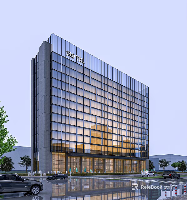 Modern Hampton Hotel Building With Glass Curtain Wall And High Rise Design 3d model 
