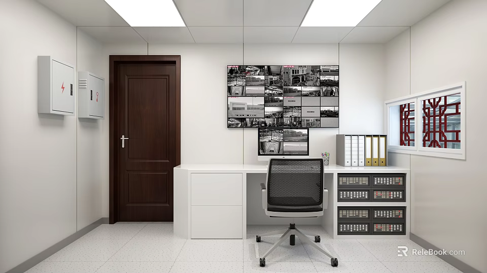 Modern Monitoring Room Interior With Multiple Monitor Screens Office Desk And File Cabinets 3d model 