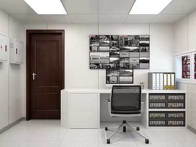 Modern Monitoring Room Interior With Multiple Monitor Screens Office Desk And File Cabinets 3d model