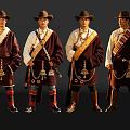 Group of Four Men in Traditional Ethnic Costumes With Hats Robes and Decorative Ornaments
