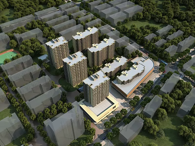 Bird's Eye View Planning of High Rise Residential Community With Greenery And Road Layout 3d model