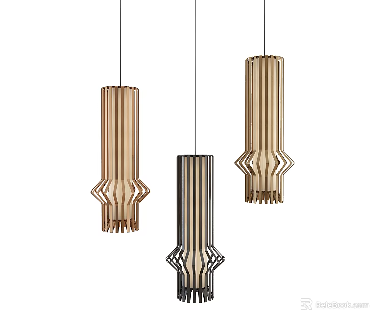 Modern Wooden Pendant Lights With Geometric Striped Design And Multiple Styles 3d model
