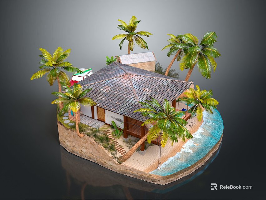 Scenic Island Landscape With Palm Trees Beach Hut Sandy Shore And Turquoise Water 3d model 