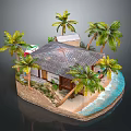 Scenic Island Landscape With Palm Trees Beach Hut Sandy Shore And Turquoise Water