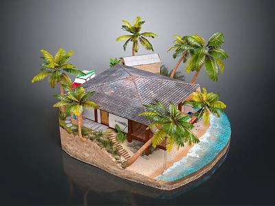 Scenic Island Landscape With Palm Trees Beach Hut Sandy Shore And Turquoise Water 3d model