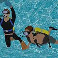 Two People Scuba Diving In Pool Wearing Fins And Oxygen Tanks