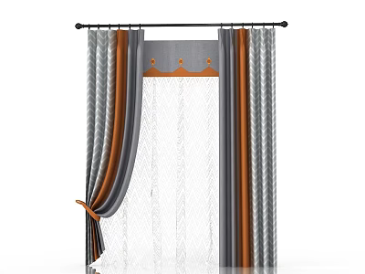Gray Orange And White Herringbone Curtains With Crown Top Decoration Sheer Voile And Tieback 3d model