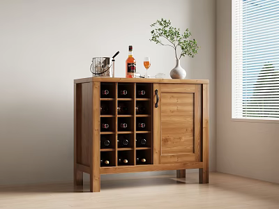 Modern Wooden Wine Cabinet Interior With Wine Bottles Glasses Ice Bucket And Green Plant 3d model