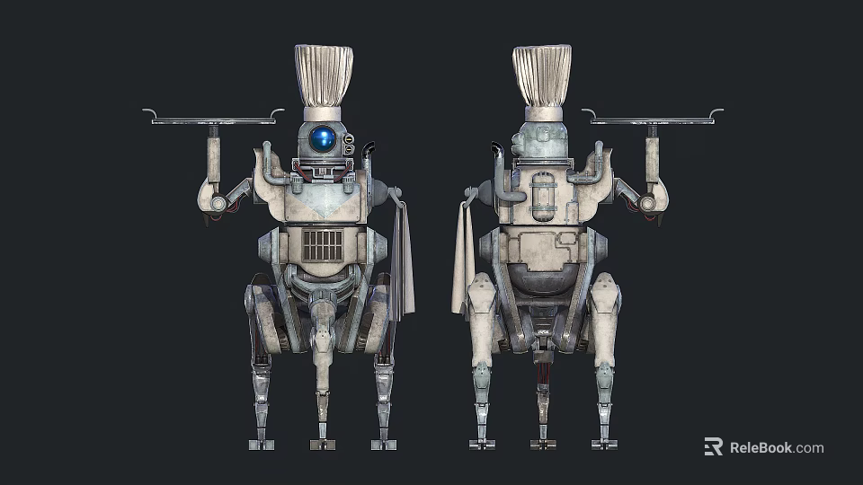 Two Metallic Robots With Chef Hat Tops Blue Eye Mechanical Arms Multi Legged Structure 3d model 