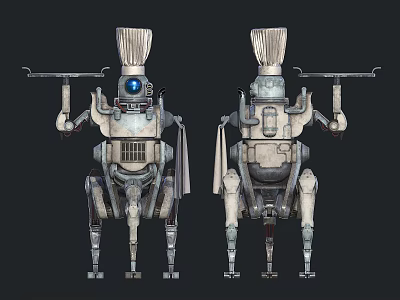 Two Metallic Robots With Chef Hat Tops Blue Eye Mechanical Arms Multi Legged Structure 3d model