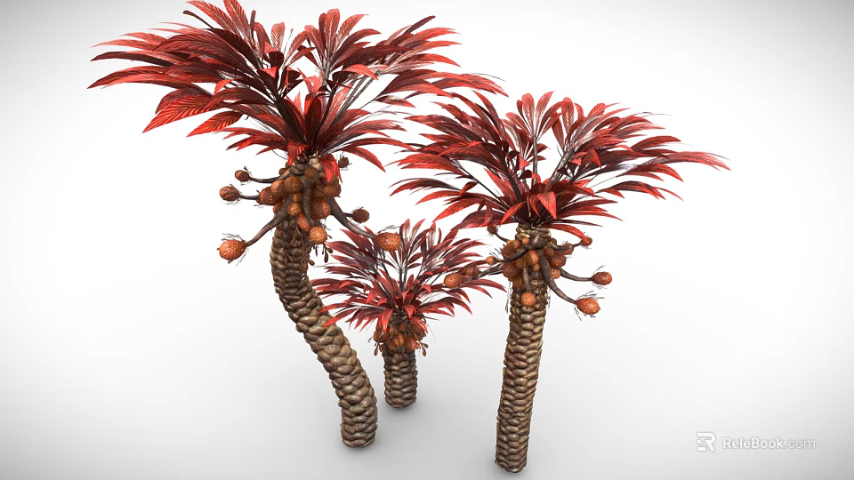 Cartoon Style Trees With Red Leaves Twisted Trunks And Small Orange Fruits 3d model 