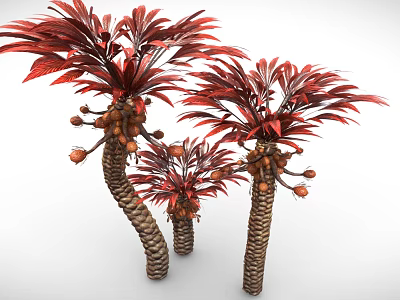 Cartoon Style Trees With Red Leaves Twisted Trunks And Small Orange Fruits 3d model
