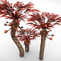 Cartoon Style Trees With Red Leaves Twisted Trunks And Small Orange Fruits