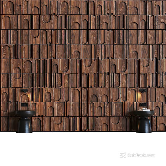 Wooden Front Desk Backdrop With Geometric Patterns Ambient Lighting And Side Tables 3d model