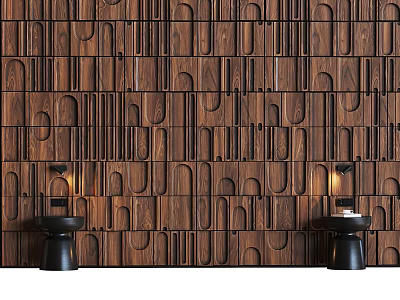 Wooden Front Desk Backdrop With Geometric Patterns Ambient Lighting And Side Tables 3d model