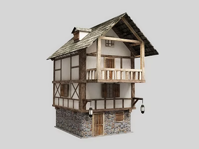 Two Story Half Timbered Wooden House With Stone Base Balcony And Sloped Roof 3d model
