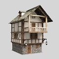 Two Story Half Timbered Wooden House With Stone Base Balcony And Sloped Roof
