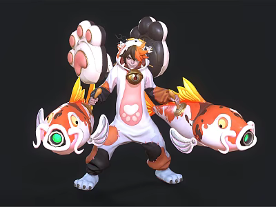 Game Movie Character With Cat Ears Tail In White Orange Outfit Holding Two Koi Fish 3d model