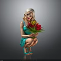 Blonde Woman In Green Dress Squatting With Red Yellow Tulips Bouquet On Gray Background