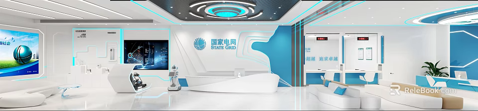 State Grid Exhibition Hall White Modern Reception Desk Blue Wall And Robot 3d model