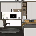 Modern Tatami Bedroom Interior With Desk Computer Bookshelf Chandelier And Wooden Floor