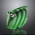 Cartoon Green Striped Fish Character With Big Red Eyes 3D Model Design