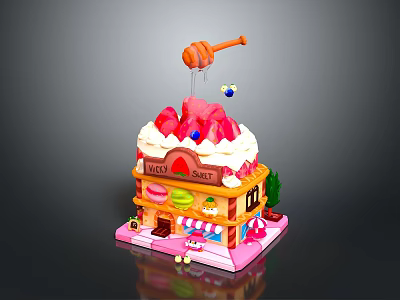 Colorful Sweet Cafe Building With Ice Cream Strawberries Honey Dipper And Blue Ball 3d model