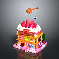 Colorful Sweet Cafe Building With Ice Cream Strawberries Honey Dipper And Blue Ball