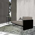 Modern Gray Upholstered Chaise Lounge With Black Frame Textured Rug And Floor To Ceiling Curtains