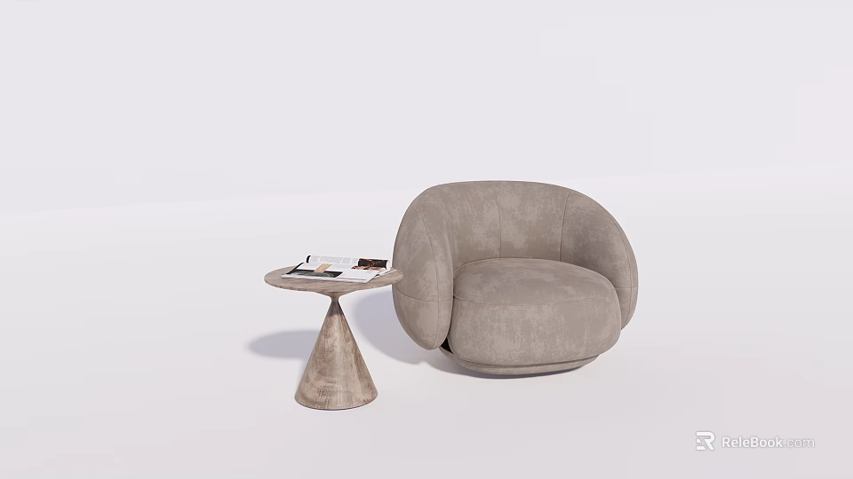 Modern Round Light Gray Upholstered Single Sofa With Side Table And Books 3d model